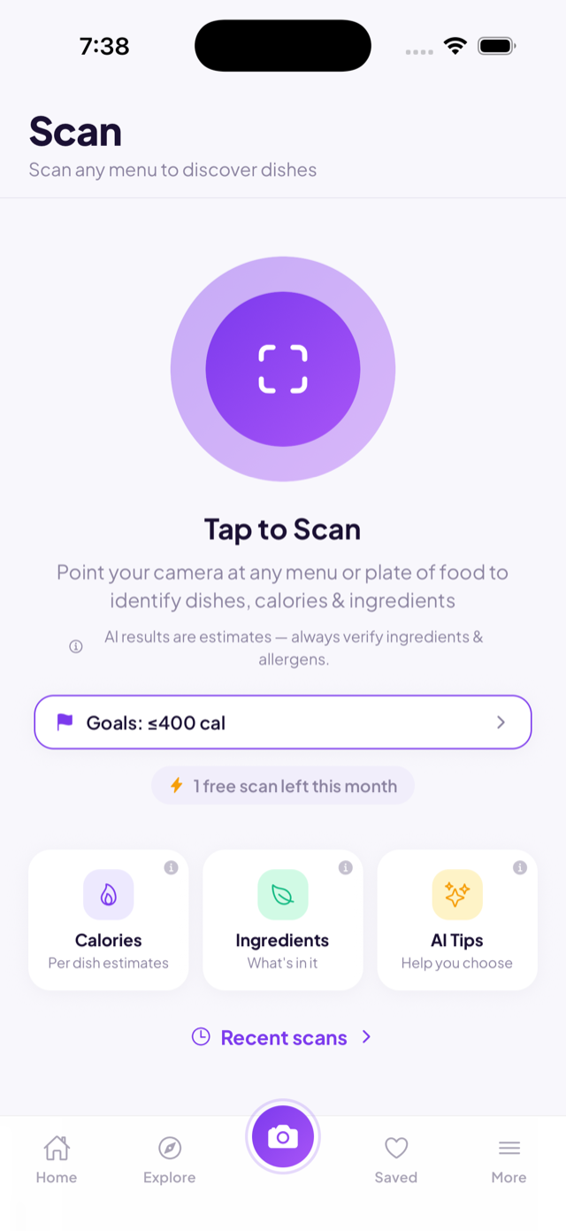 Veyalo AI menu scanner screen